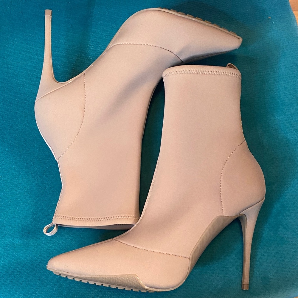 Elegant Tan Stiletto Cloth Pull-On Ankle Boots - Picture 2 of 5